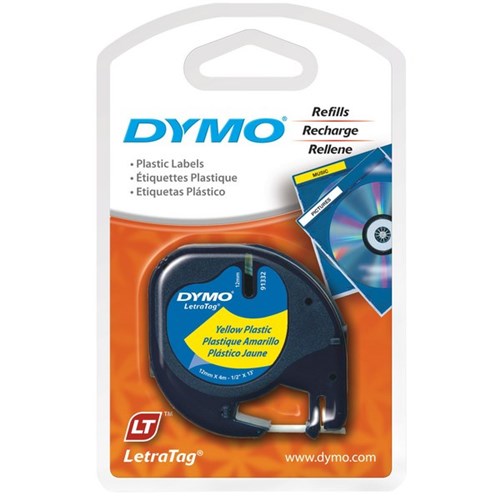 Dymo Labelling Tape Cassette LetraTag Plastic 91332 12mm x 4m Black on Yellow