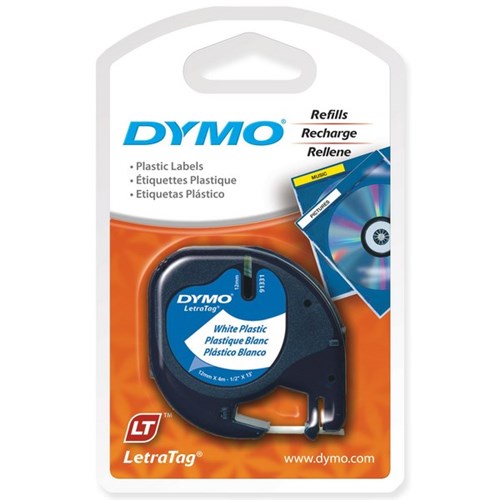 Dymo Labelling Tape Cassette LetraTag Plastic 91331 12mm x 4m Black on White