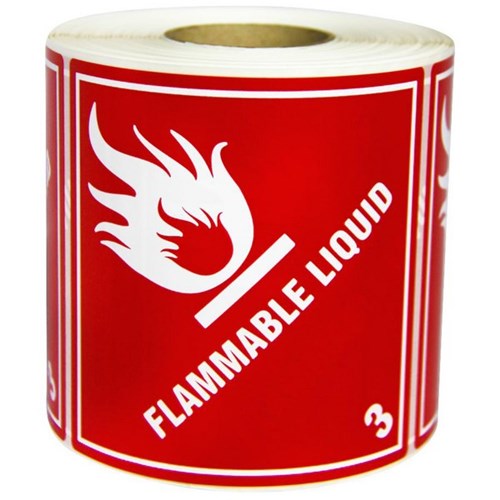 Shipping Paper Label Flammable Liquid 3 99x99mm White on Red, Roll of 500