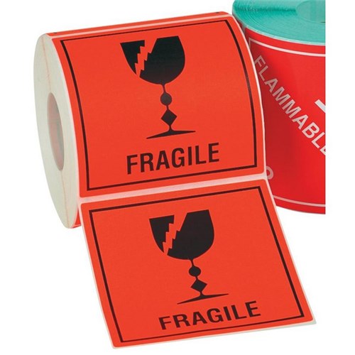 Shipping Paper Label Fragile 99x99mm Black on Red, Roll of 500