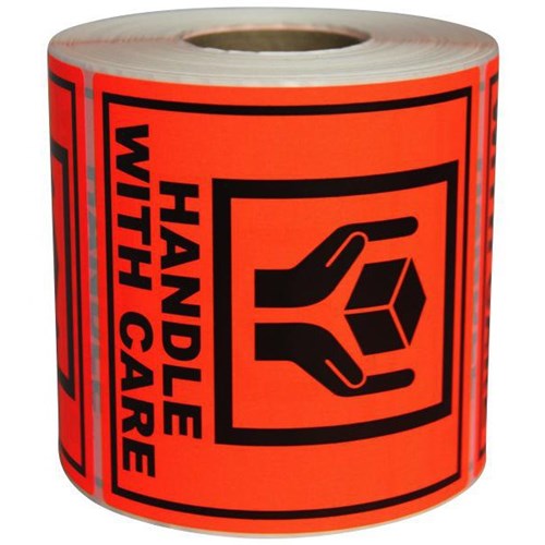 Shipping Paper Label Handle With Care 99x99mm Black on Red, Roll of 500