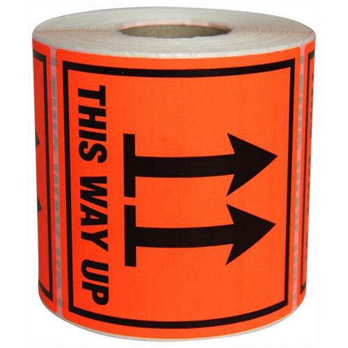 This Way Up Shipping Label 99x99mm Black on Red, Roll of 500