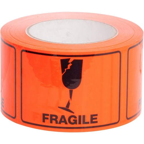 RIPA Shipping Label Fragile 100x72mm Black on Fluoro Orange, Roll of 660