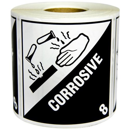 Shipping Paper Label Corrosive 8 99x99mm Black on White, Roll of 500