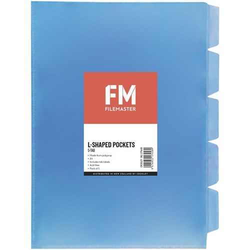 FM L-Shaped Pockets 5 Tab A4 Blue, Pack of 5