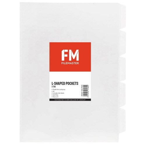 FM L-Shaped Pockets 5 Tab A4 Clear, Pack of 5