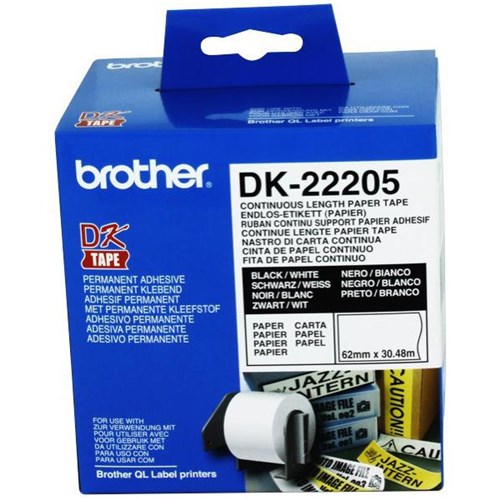 Brother Continuous Paper Label Roll DK-22205 62mm x 30.48m Black on White