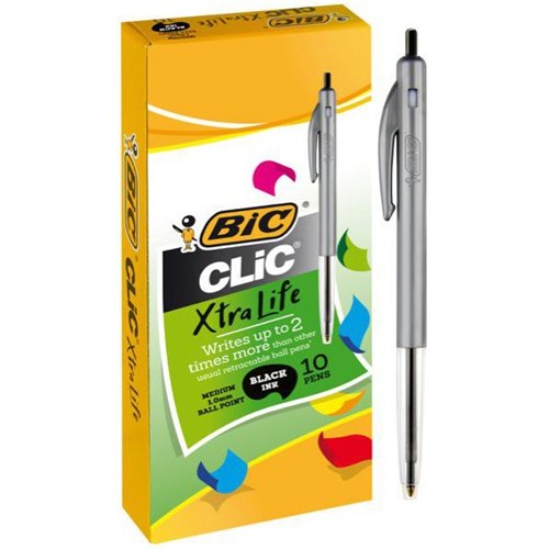 BIC Clic Black Retractable Ballpoint Pens 1.0mm Medium Tip Silver Barrel, Pack of 10