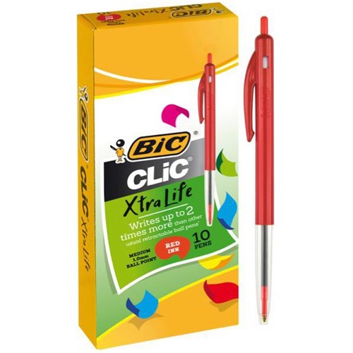 BIC Clic Red Retractable Ballpoint Pens 1.0mm Medium Tip Red Barrel, Pack of 10