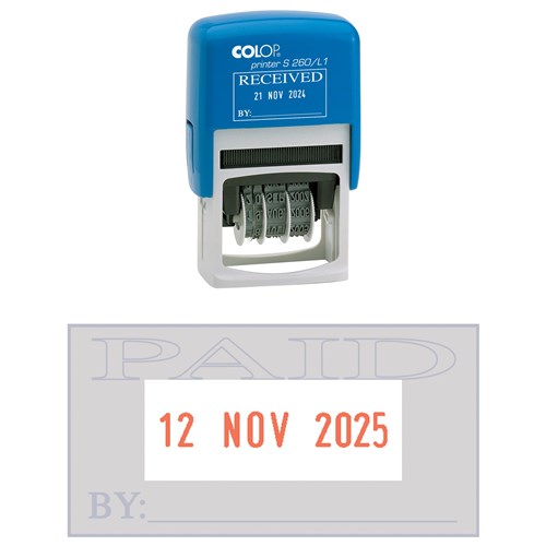 Colop S260L2 Self-Inking Dater Stamp Date & PAID 45x24mm Red