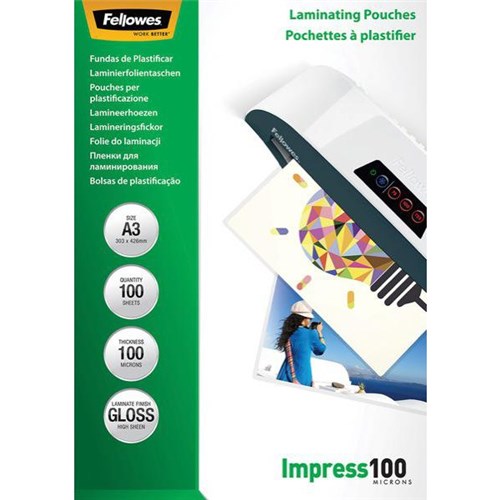 Fellowes A3 Laminating Pouches Gloss 100 Micron, Pack of 100