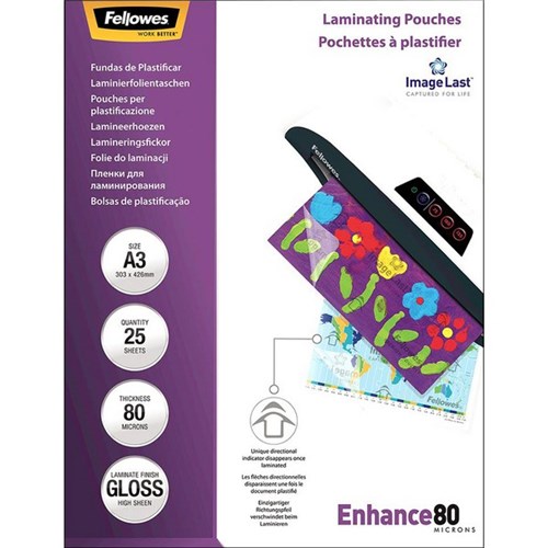 Fellowes A3 Laminating Pouches Gloss 80 Micron, Pack of 25