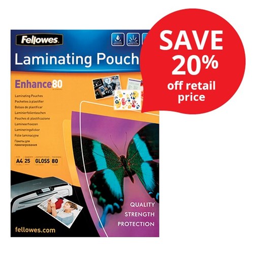 Fellowes A4 Laminating Pouches Gloss 80 Micron, Pack of 25 OfficeMax NZ