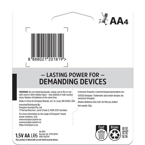 Energizer E2 Advanced AA Batteries, Card of 4
