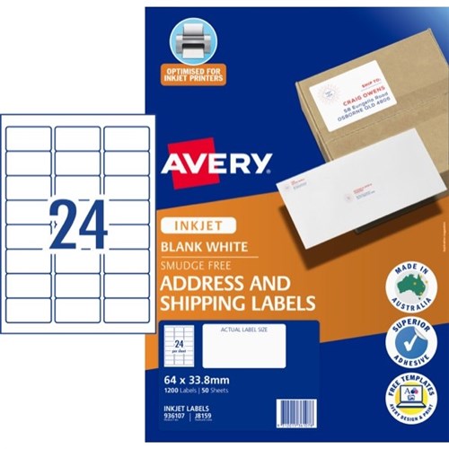 Avery  Quick Peel Address Inkjet Labels J8159 24 Per Sheet 50 Sheets