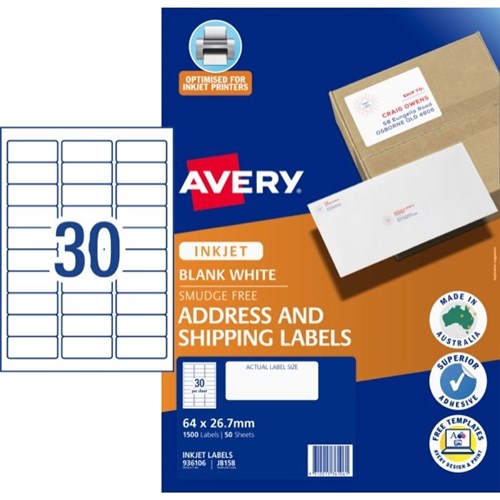 Avery Quick Peel Address Inkjet Labels J8158 30 Per Sheet 50 Sheets