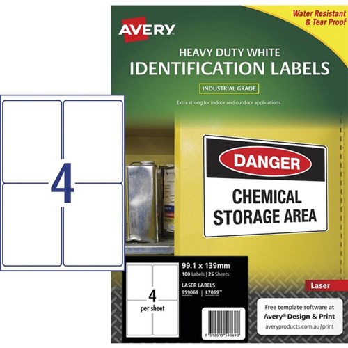 Avery Heavy Duty Laser Labels  L7069 White 4 Per Sheet