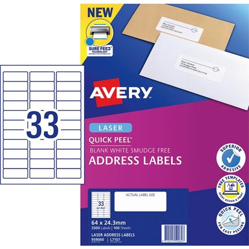 Avery Quick Peel Address Laser Labels L7157 White 33 Per Sheet 100 Sheets