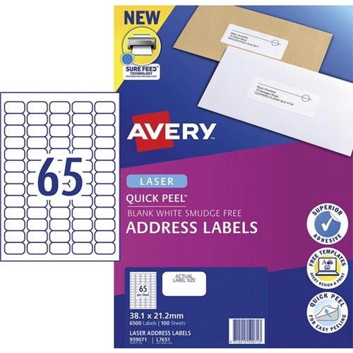 Avery Quick Peel Address Laser Labels L7651 White 65 Per Sheet 100 Sheets