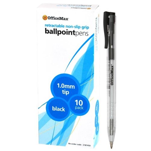 OfficeMax Black Retractable Ballpoint Pens Medium Tip Clear, Pack of 10