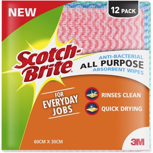 Scotch-Brite™ Antibacterial All Purpose Wipes Assorted Colours, Pack of 12