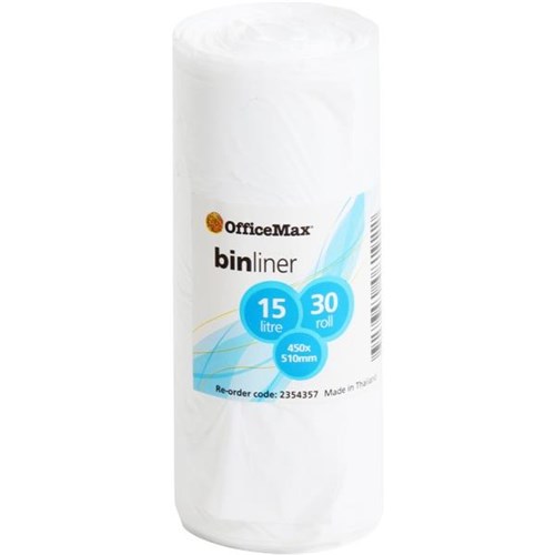OfficeMax Bin Liner Plastic White 450 x 510mm 12 Micron 15L, Roll of 30