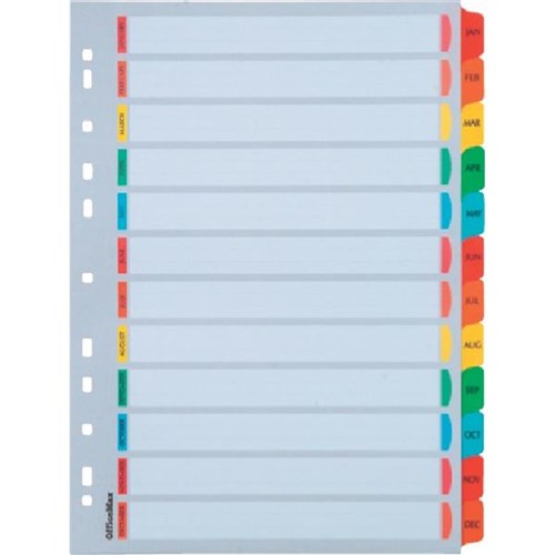 OfficeMax Index Dividers 12 Tab Jan-Dec Reinforced A4 Cardboard Coloured