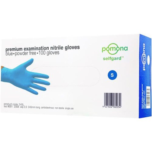 Pomona Nitrile Disposable Medical Gloves Powder Free Small Blue, Pack of 100