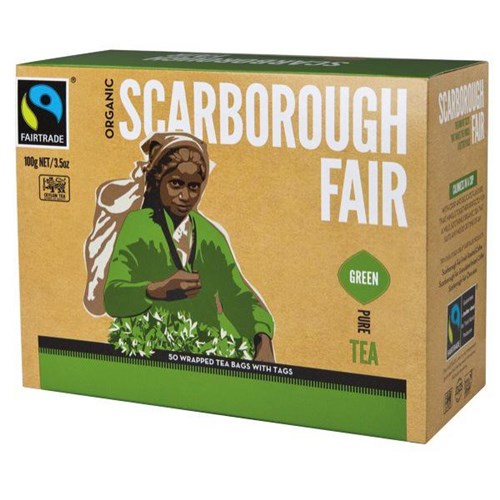 Scarborough Fairtrade Green Tea Enveloped Tagless Tea Bags, Box of 50
