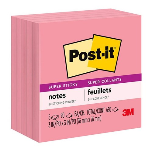 Post-it® Notes 654-5SSNP Super Sticky 76x76mm Neon Pink, Pack of 5