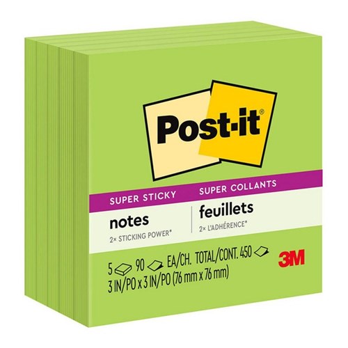 Post-it® Notes 654-5SSLE Super Sticky 76x76mm Limeade, Pack of 5