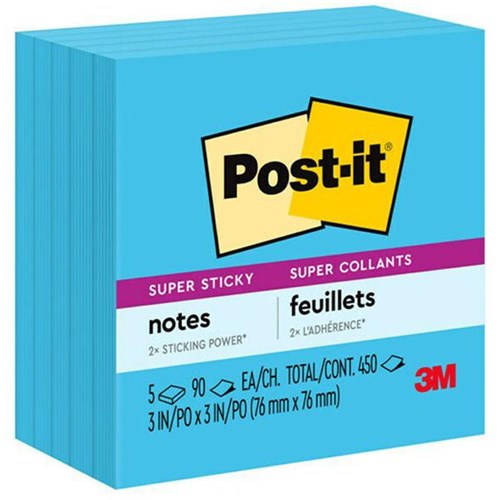 Post-it® Notes 654-5SSBE Super Sticky 76x76mm Electric Blue, Pack of 5