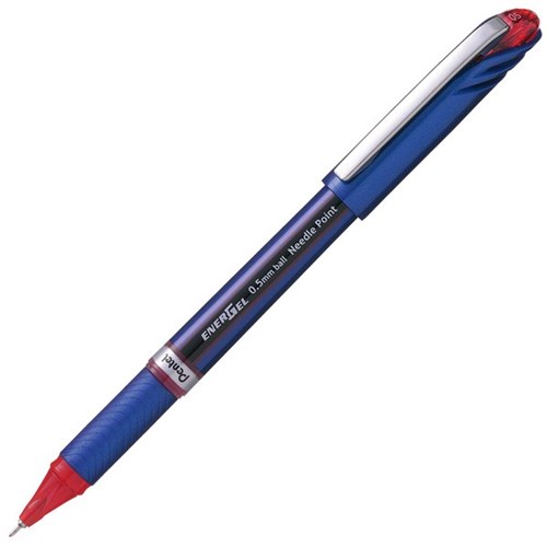 Pentel EnerGel Red Ink Needle Point Rollerball Pen 0.5mm Extra Fine Tip Blue Barrel