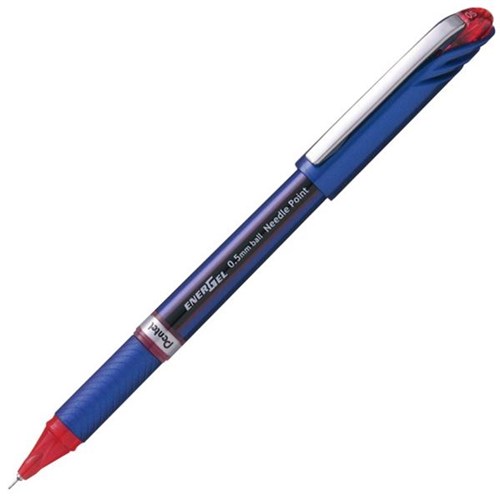 Pentel EnerGel Red Ink Needle Point Rollerball Pen 0.5mm Extra Fine Tip Blue Barrel