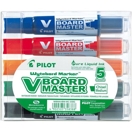 Pilot BeGreen V Board Master Assorted Colours Refillable Whiteboard Marker Chisel Tip, Pack of 5