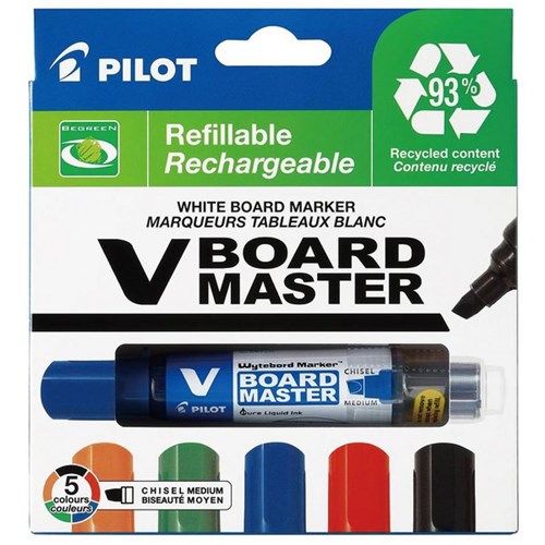 Pilot BeGreen V Board Master Assorted Colours Refillable Whiteboard Marker Chisel Tip, Pack of 5