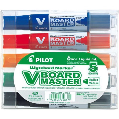 Pilot BeGreen V Board Master Assorted Colours Refillable Whiteboard Marker Bullet Tip, Pack of 5