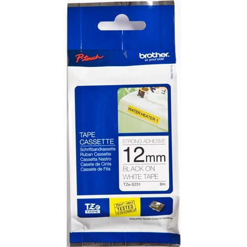 Brother Labelling Tape Cassette TZe-S231 Extra Strength Adhesive 12mm x 8m Black on White 