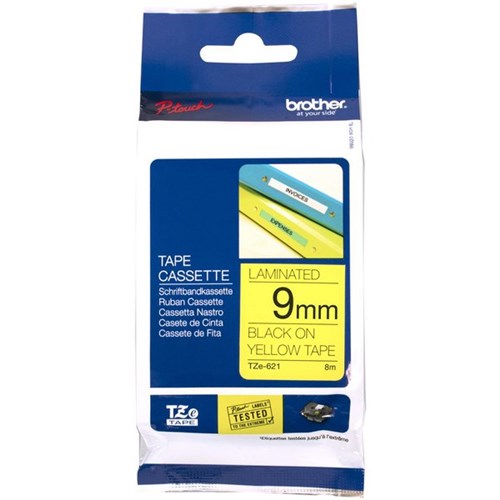 Brother Labelling Tape Cassette TZe-621 9mm x 8m Black on Yellow