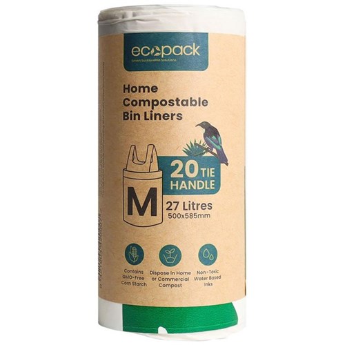 Ecopack Home Compostable Bin Liners Medium 27L, Roll of 20