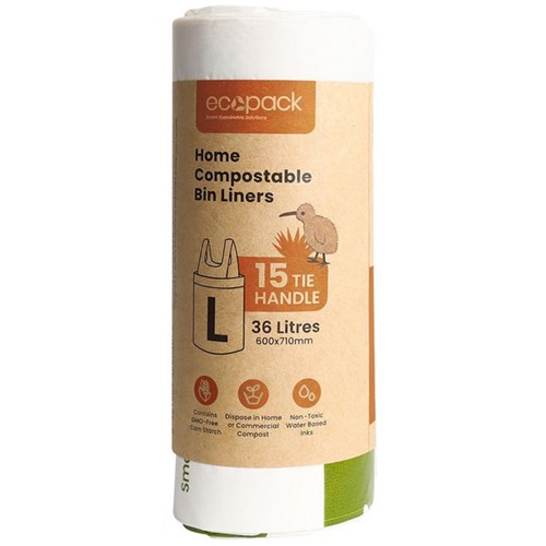 Ecopack Home Compostable Bin Liners Large 36L, Roll of 15