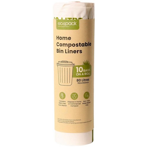 Ecopack Home Compostable Bin Liners 80L, Roll of 10