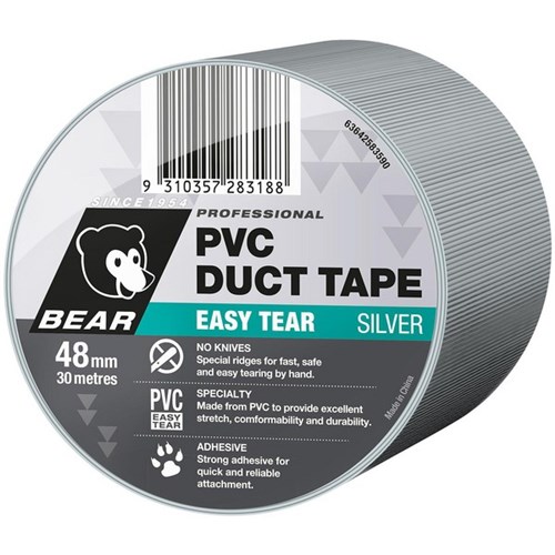 Bear PVC Easy Tear Duct Tape 48mm x 30m Silver