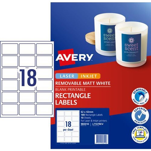 Avery Rectangular Removable Laser Labels L7107REV White 18 Per Sheet