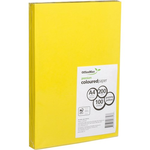 OfficeMax A4 200gsm Yummy Yellow Premium Coloured Card Paper, Pack of 100
