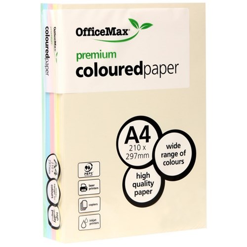 OfficeMax A4 80gsm Assorted Pastel Colours Premium Coloured Copy Paper, Pack of 500