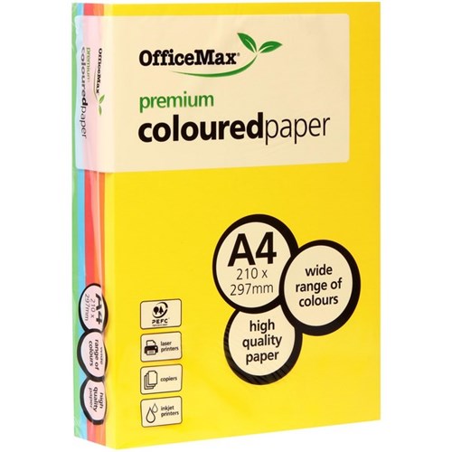 OfficeMax A4 80gsm Assorted Bright Colours Premium Coloured Copy Paper, Pack of 500