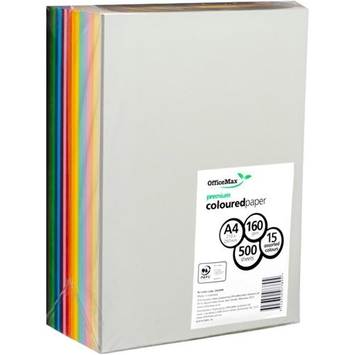 OfficeMax A4 160gsm 15 Assorted Colours Premium Copy Paper, Pack of 500