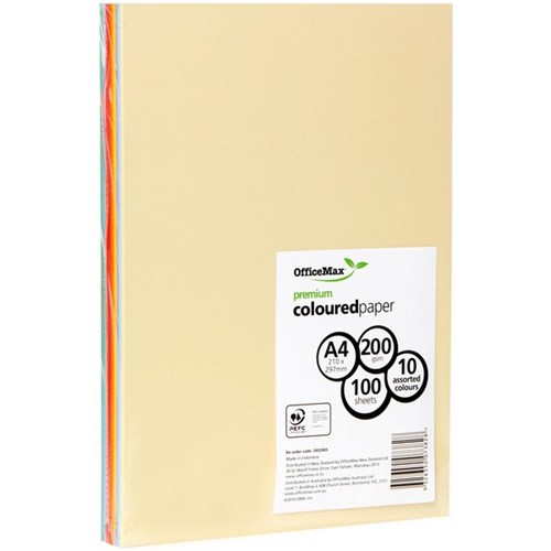 OfficeMax A4 200gsm 10 Assorted Colours Premium Coloured Card Paper, Pack of 100