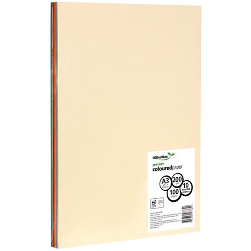 OfficeMax A3 200gsm 10 Assorted Colours Premium Coloured Card Paper, Pack of 100